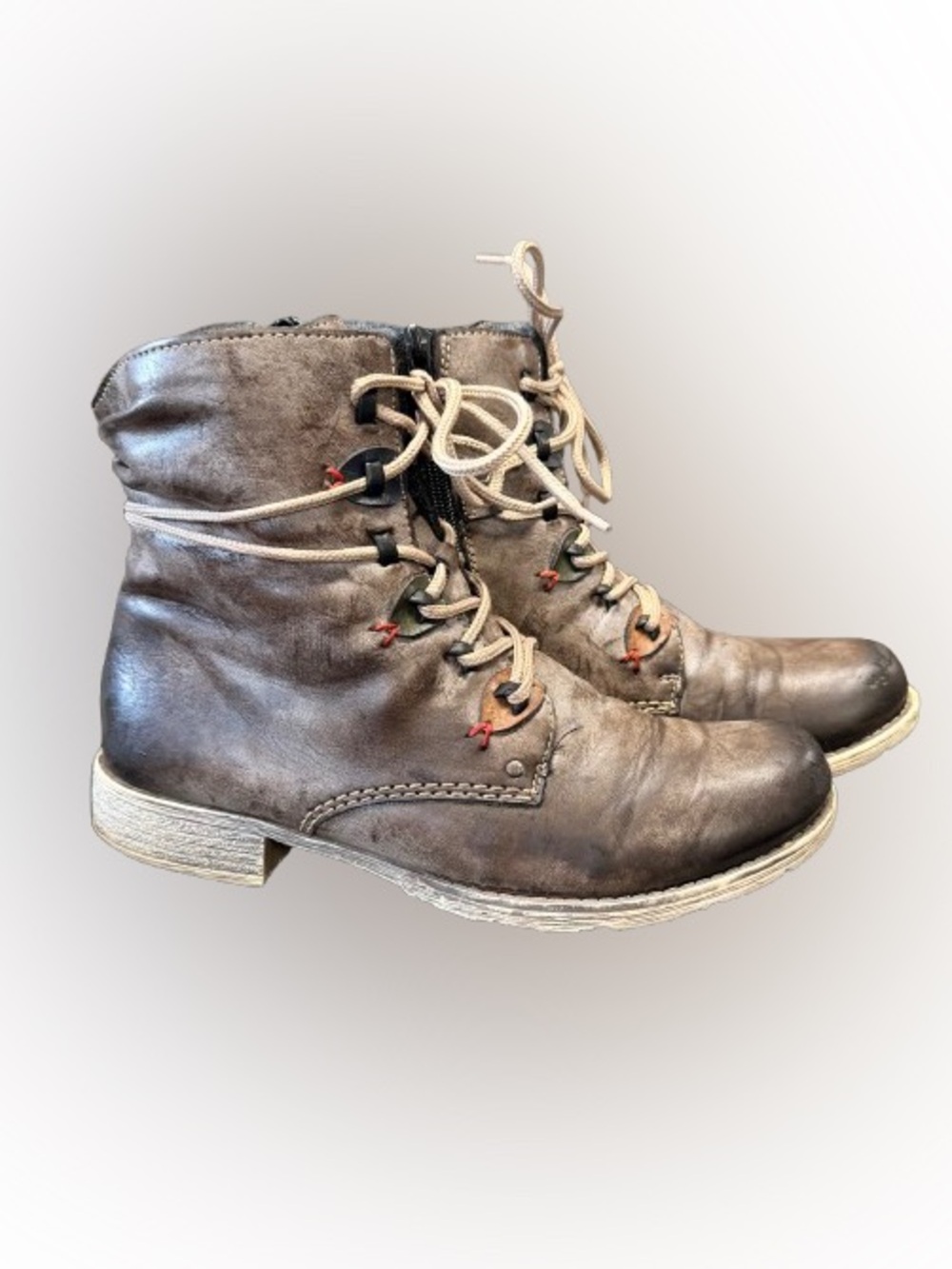 Rieker Women’s EU 38 Gray Brown Distressed Lace Up Ankle Boots Red Stitch